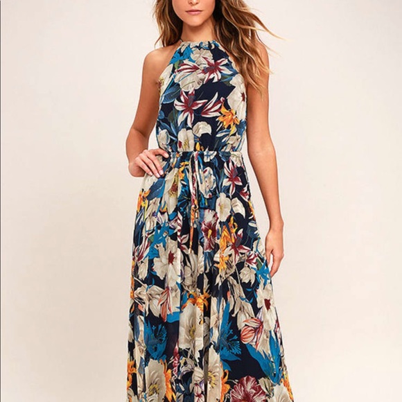 NWT Lulus Gazebo Spirit Navy Blue Floral Print Maxi Dress - Picture 4 of 8